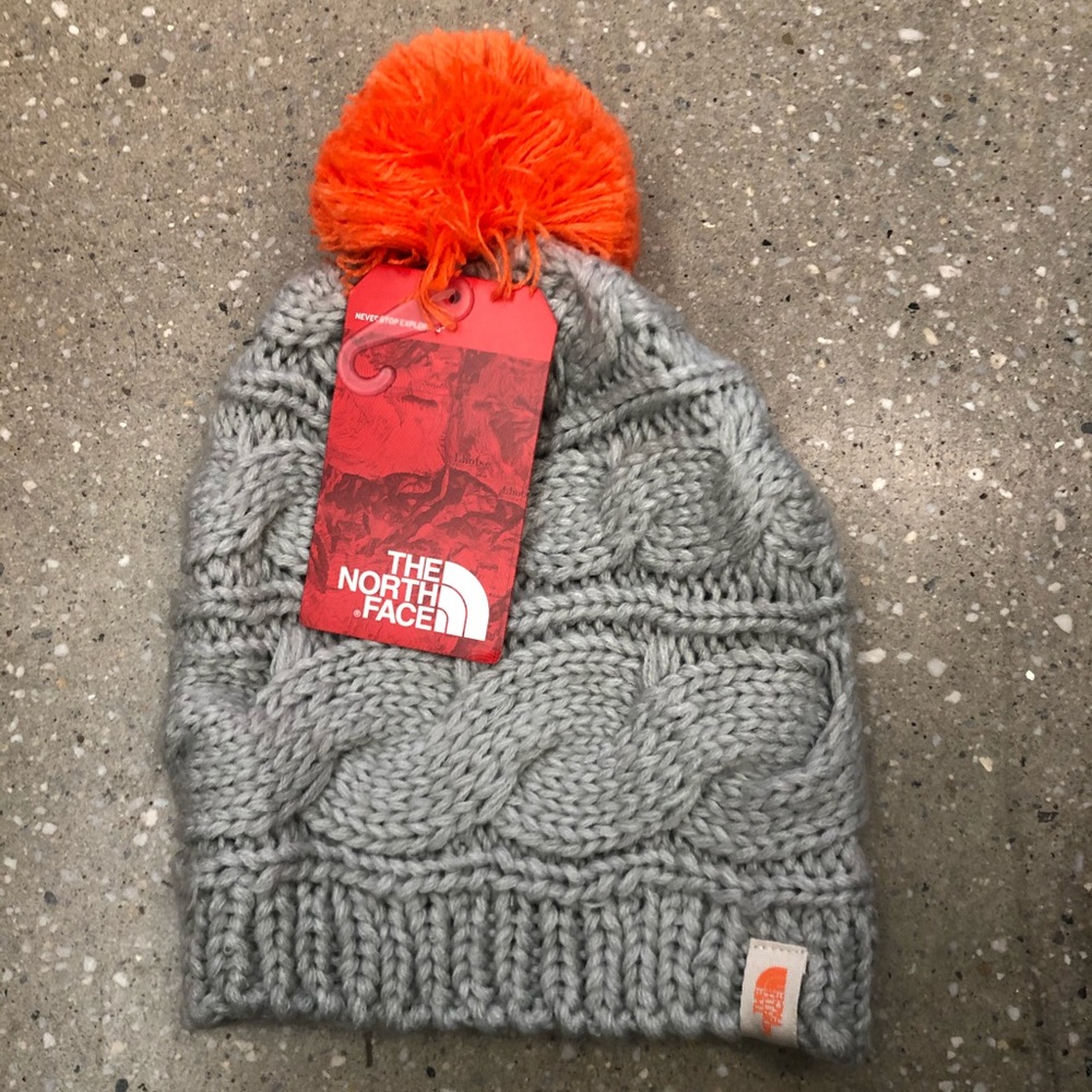 Northface beanie grey and orange pompom